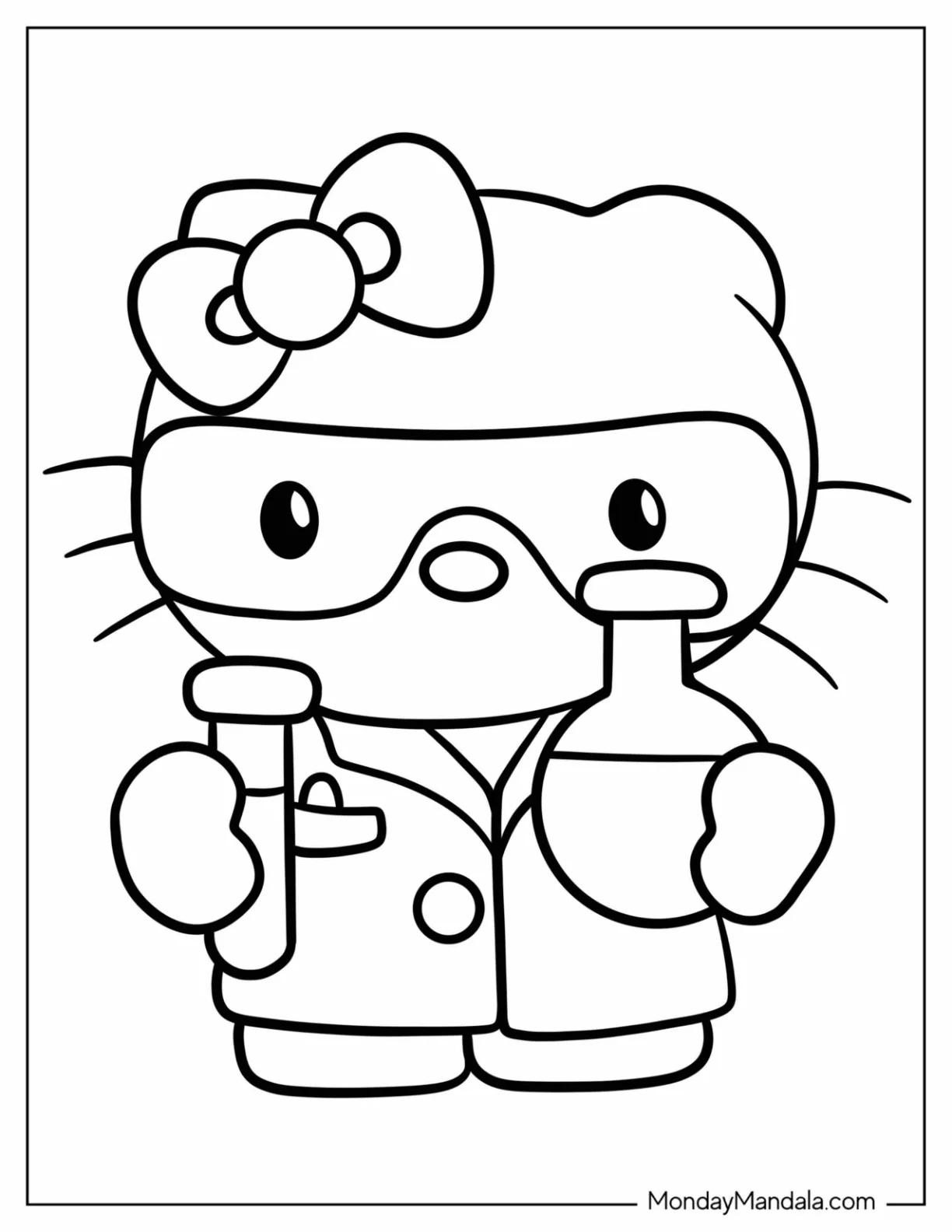 Science Coloring Page Of Hello Kitty In Laboratory Coat Holding A Flask And Test Tube For Kids coloring page