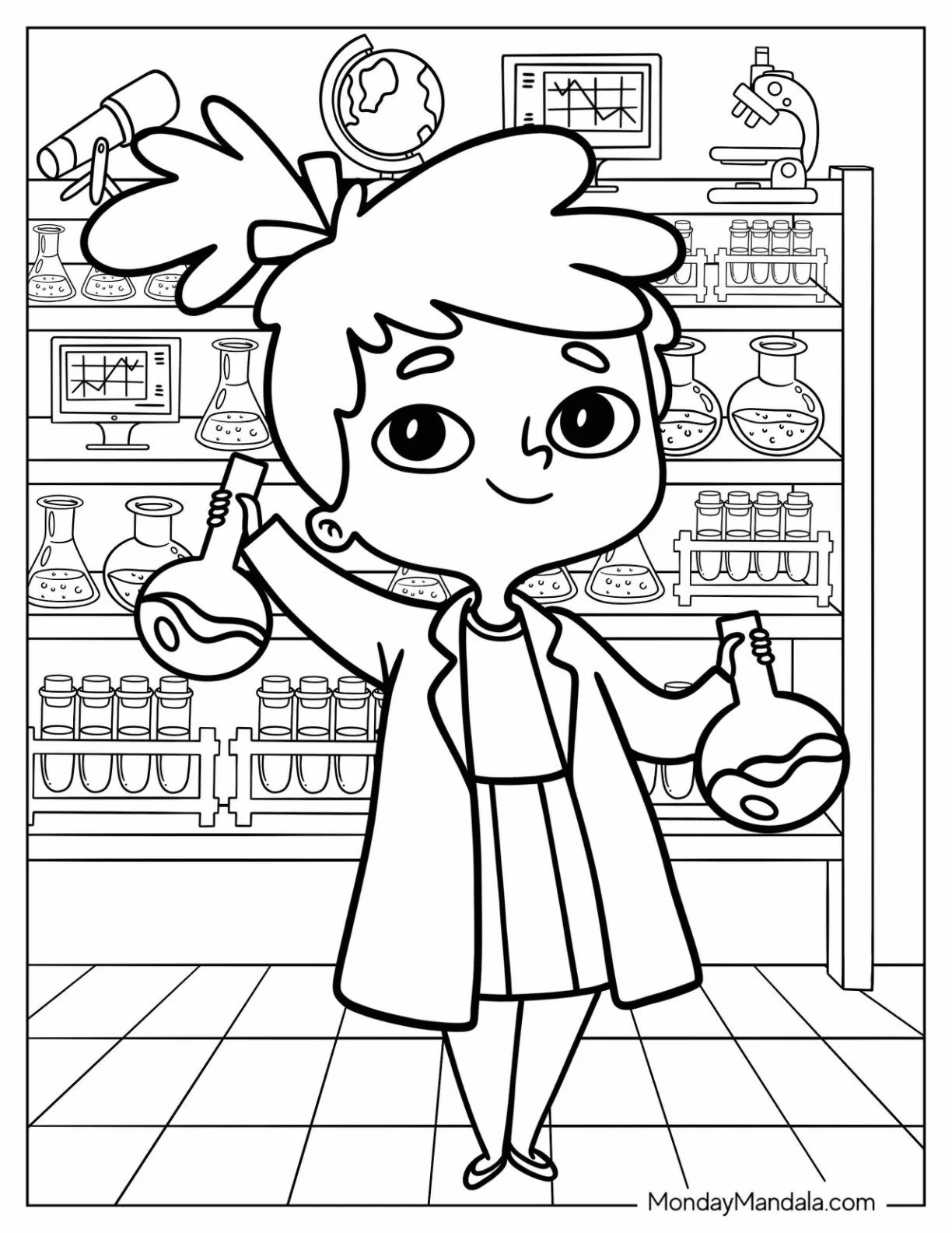 Science Coloring Page Of Kawaii Female Scientists Holding Volumetric Flasks coloring page