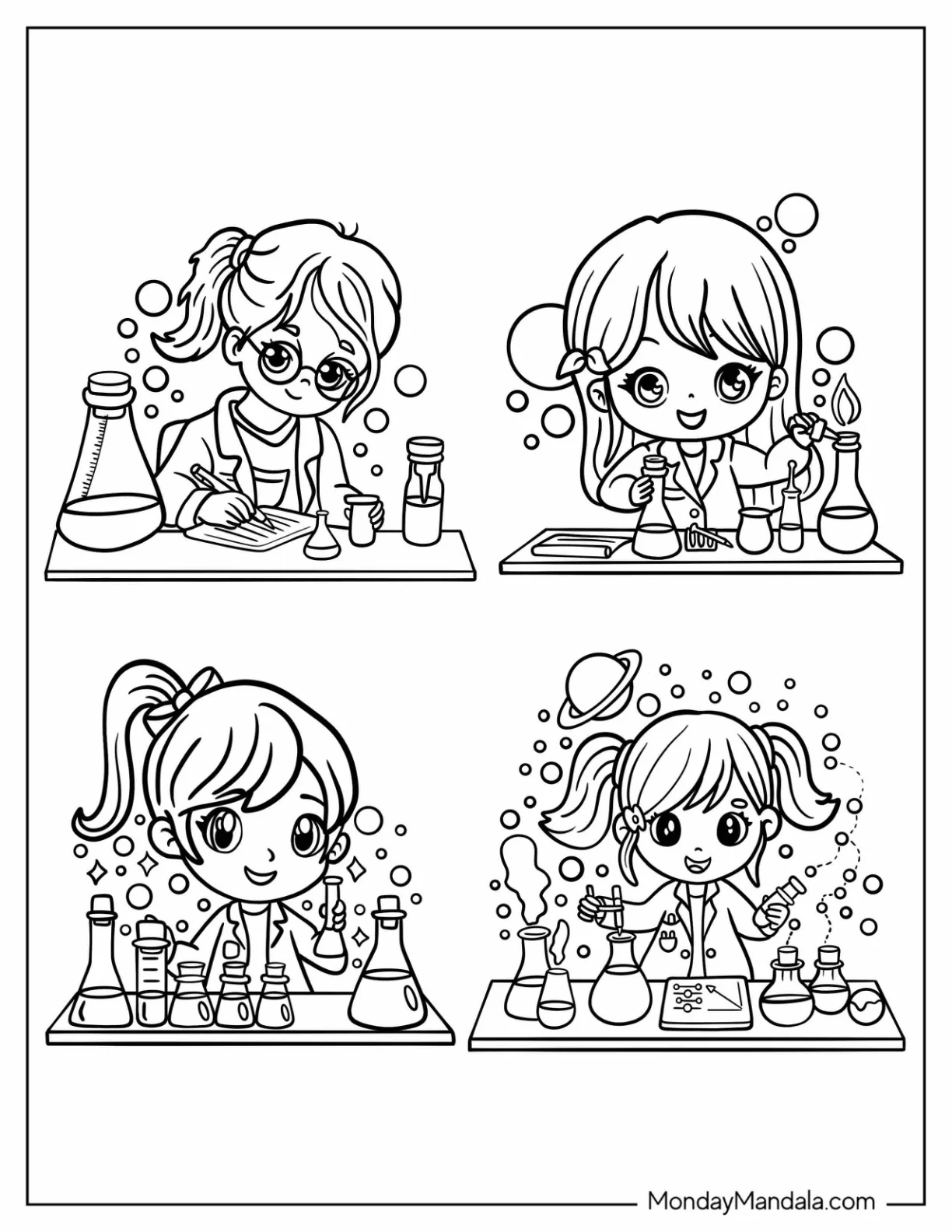 Science Coloring Page Of Kawaii Scientists Performing Lab Experiments For Kids coloring page