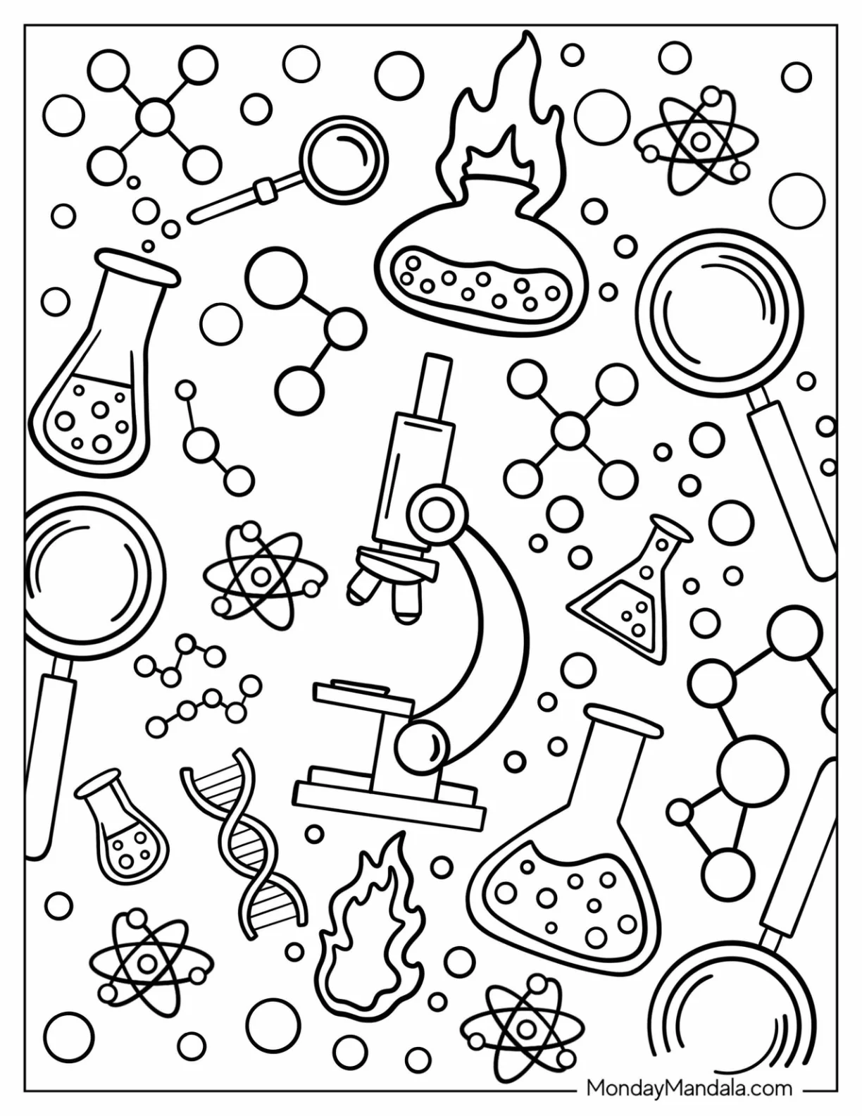 Science Coloring Page Of Laboratory Tools And Molecules For Kids coloring page