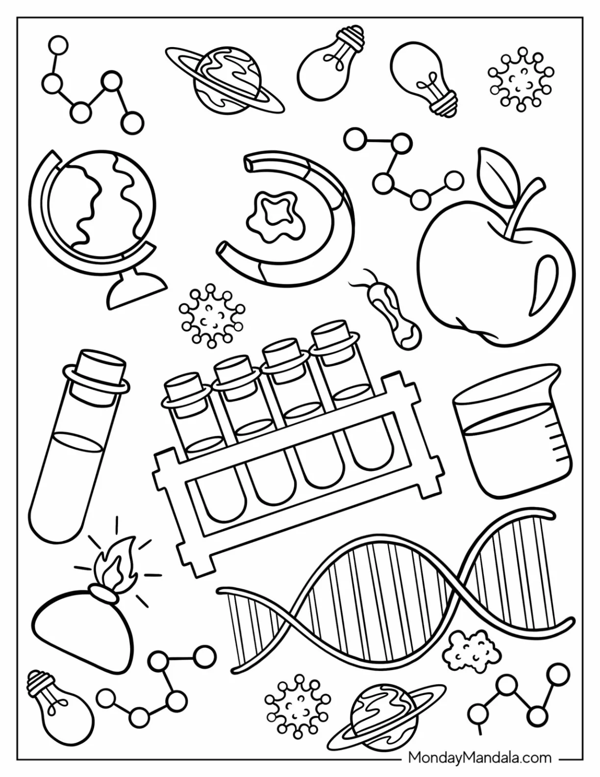 Science Coloring Page Of Laboratory Tools And Symbols coloring page — printable line art