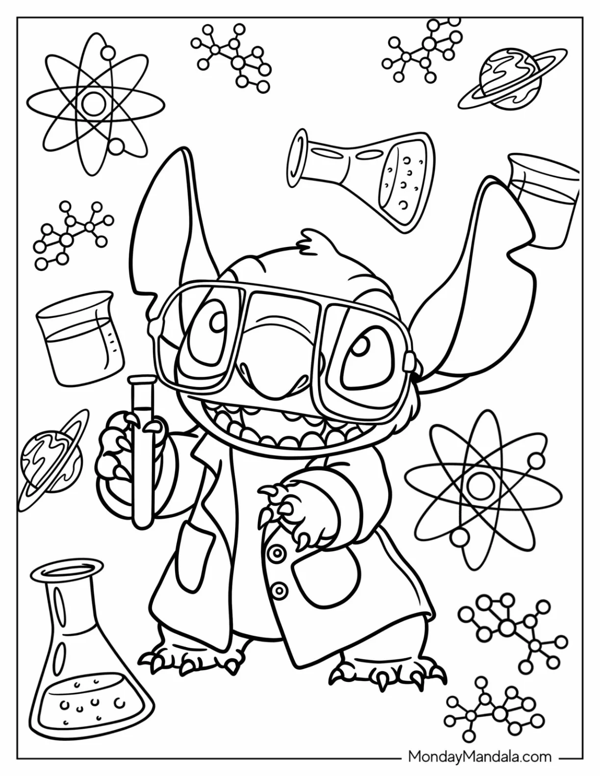 Science Coloring Page Of Mad Scientist Stitch With Goggles And Test Tube For Kids coloring page