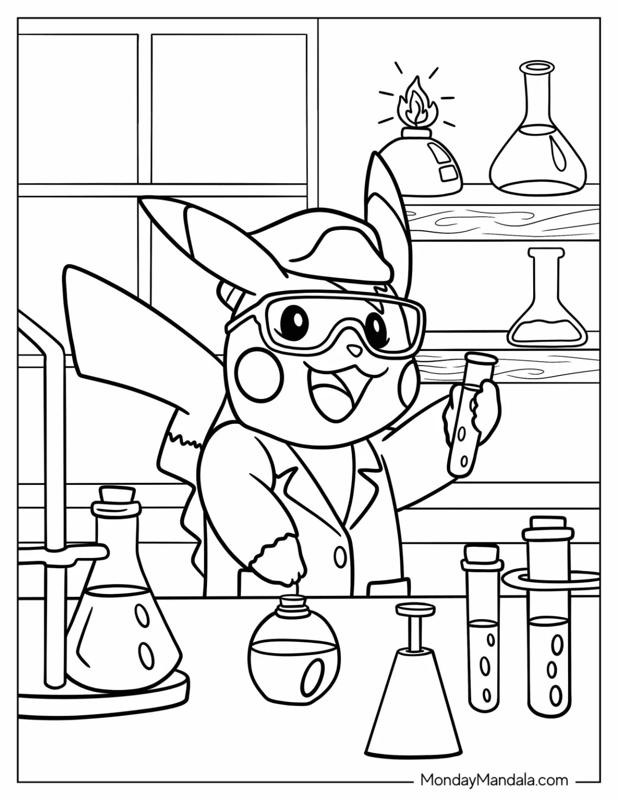 Science Coloring Page Of Scientist Pikachu Holding Up A Test Tube For Kids coloring page