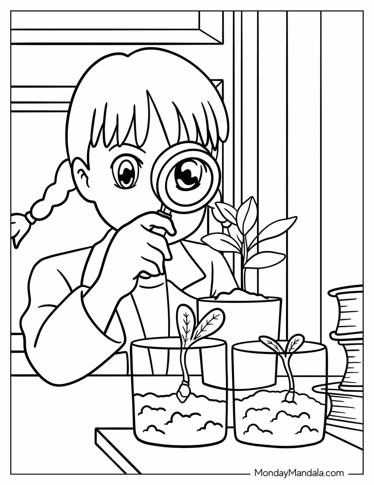 Science Coloring Page Of Scientist Studying A Plant With A Magnifying Glass coloring page
