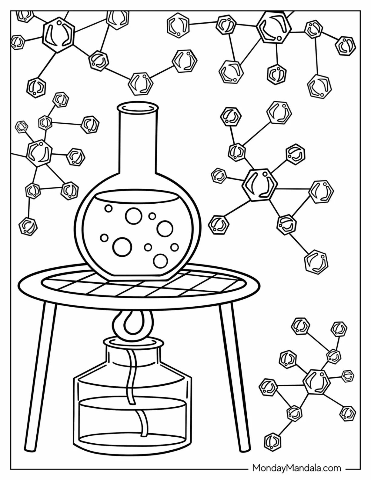 Science Coloring Page Of Volumetric Flask Being Heated On Stand Above Alcohol Lamp coloring page