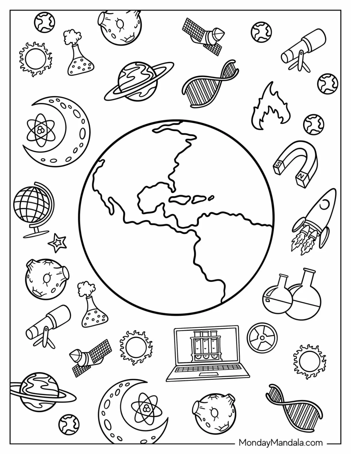 Simple Earth Surrounded By Rockets, Planets, Flasks, And Magnets Science Coloring Page coloring page