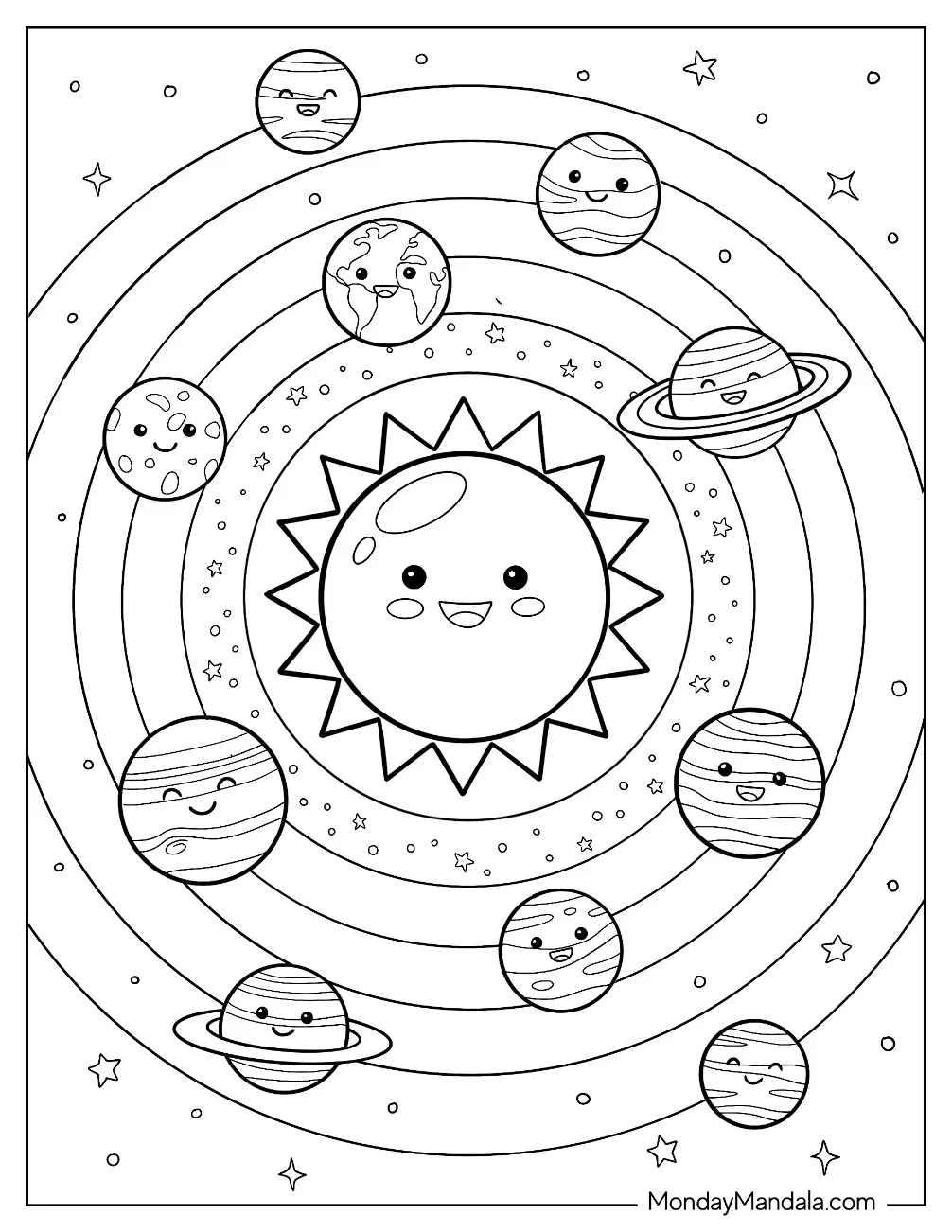 Smiling Sun with Orbiting Planets in the Solar System Coloring Page coloring page