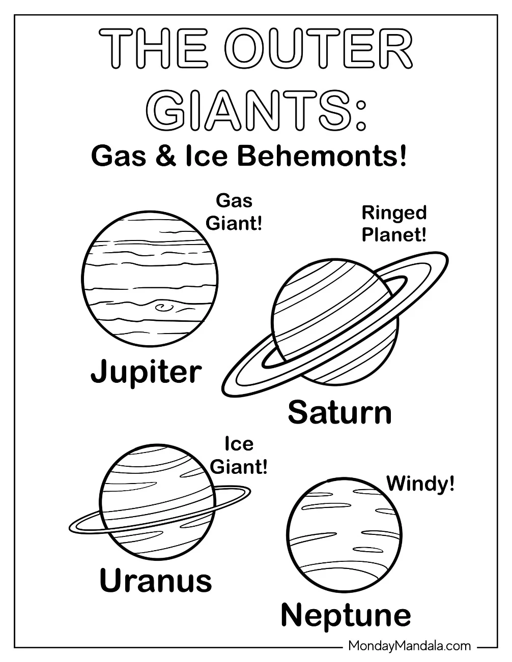 Solar System Coloring Page of Outer Giant Planets Jupiter, Saturn, Uranus, and Neptune coloring page
