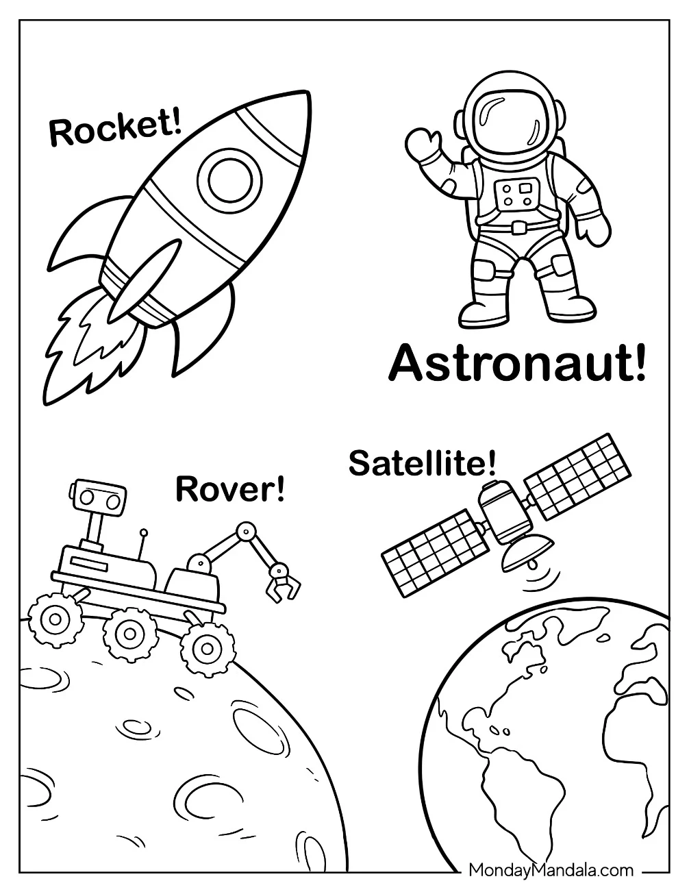 Solar System Coloring Page of Rocket, Astronaut, Rover, and Satellite Space Explorations coloring page