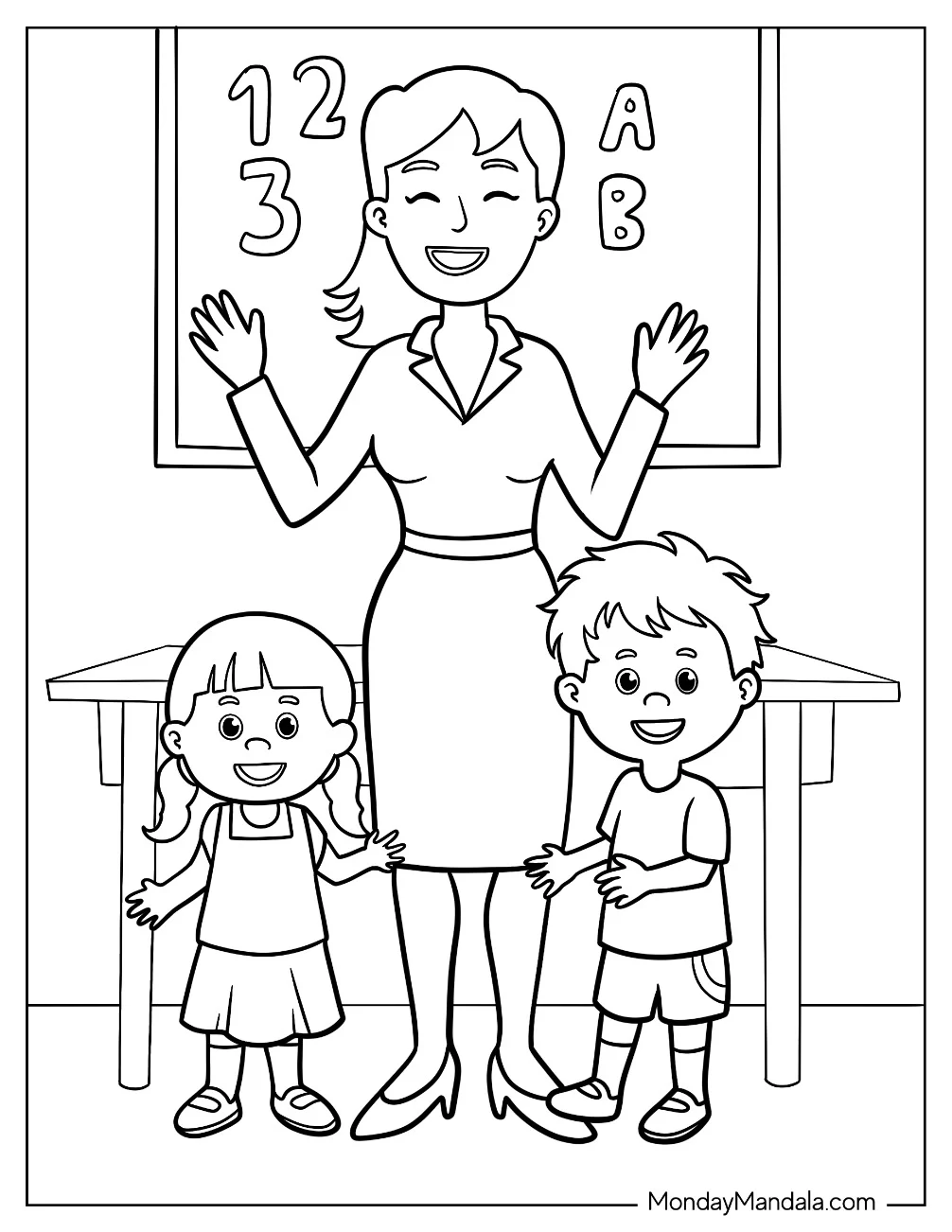 Cheerful Teacher Coloring Pages With Two Preschoolers coloring page