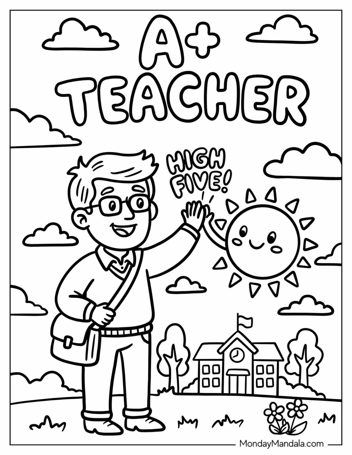 Chibi Teacher Coloring Page Giving the Sun a High Five for Kids coloring page