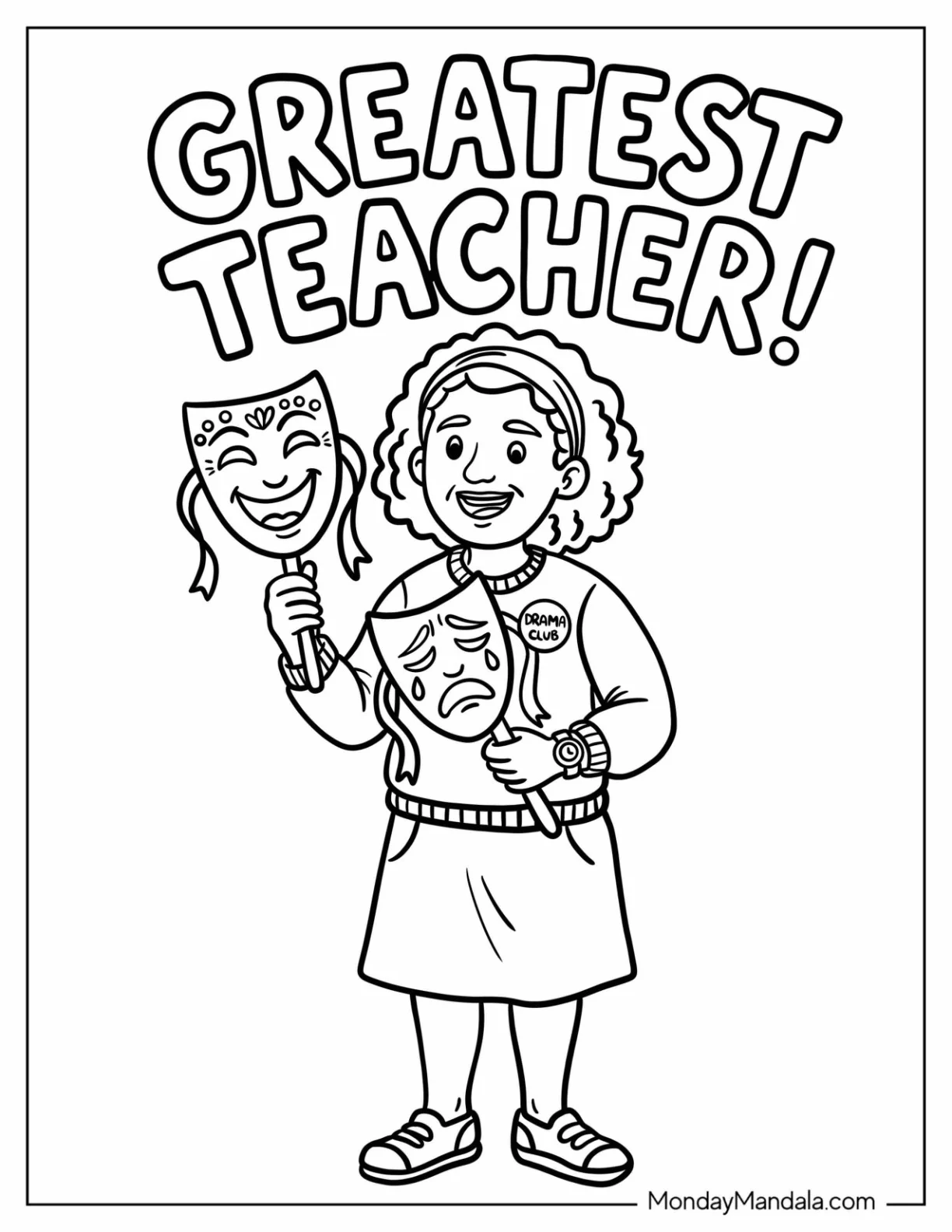 Drama Teacher Coloring Page Holding Masks coloring page