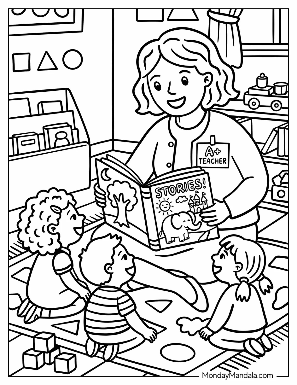 Female Teacher Coloring Page Reading a Storybook to Toddlers coloring page