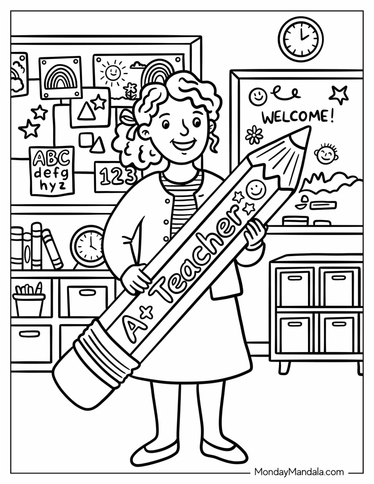 Friendly Teacher Coloring Page Holding a Giant Pencil coloring page — printable line art