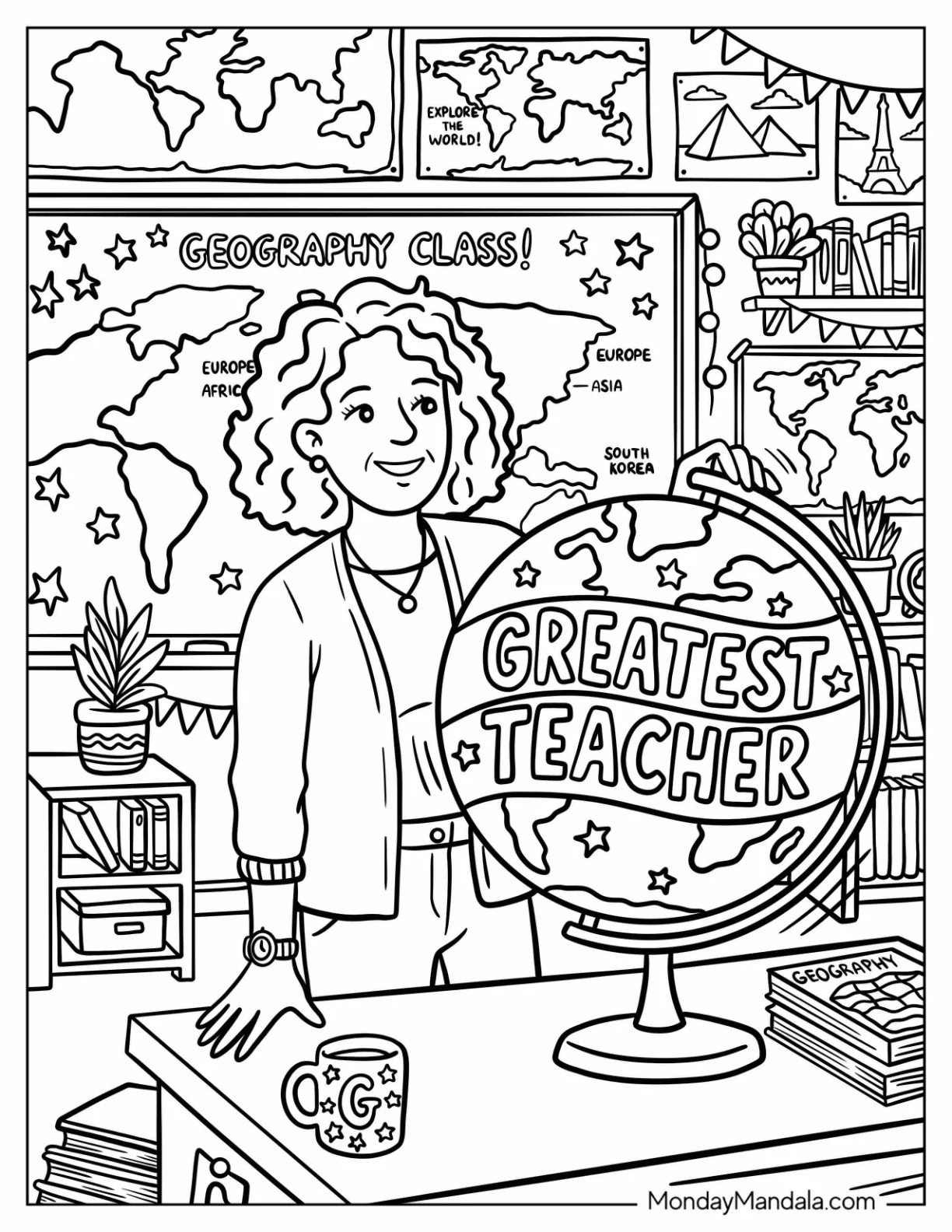 Geography Teacher Coloring Page Standing Behind Her Desk in Class coloring page — printable line art