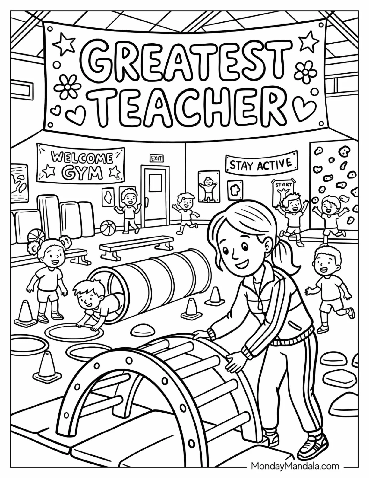 Gym Teacher Coloring Page Setting Up Obstacle Course for Children coloring page