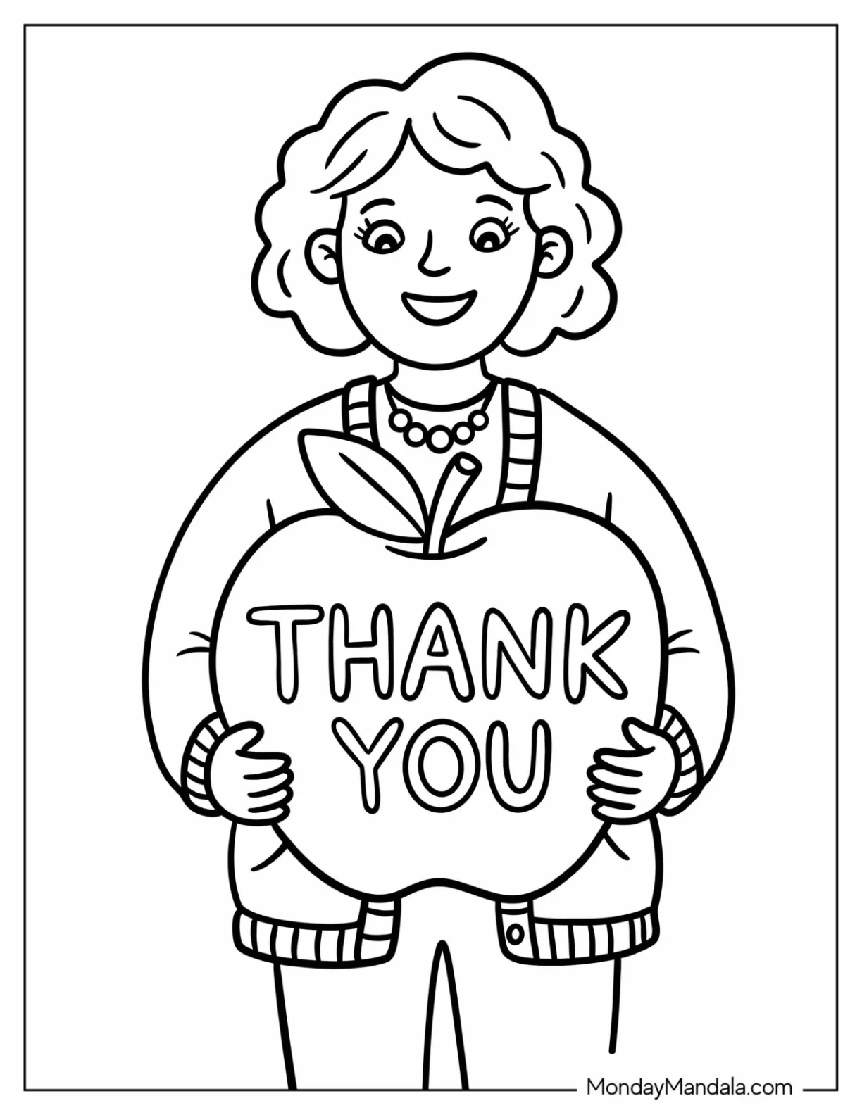 Happy Teacher Coloring Page Holding a Giant Apple with  Thank You for Kids coloring page