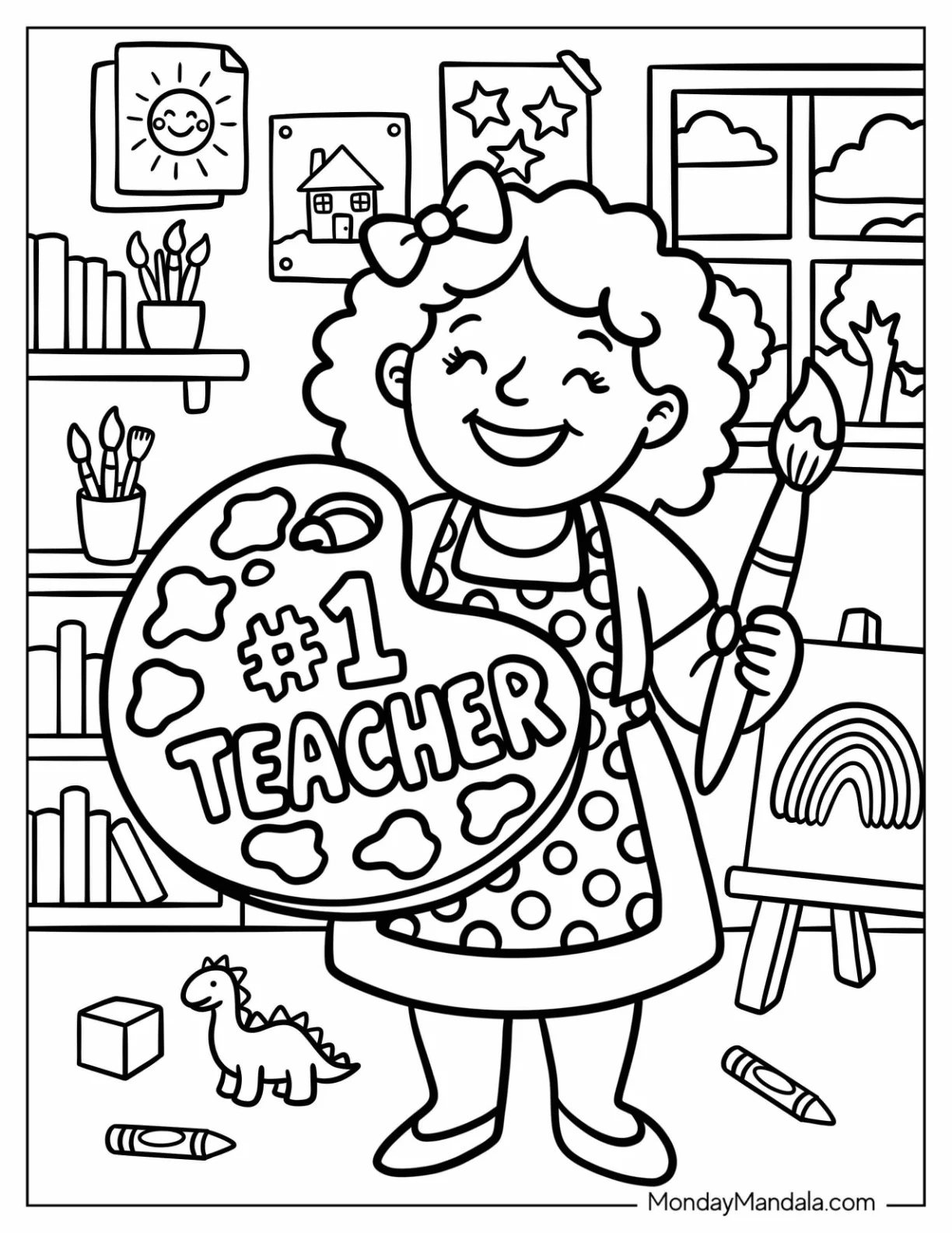 Jolly Art Teacher Coloring Page with Paint Brush and Palette for Kids coloring page