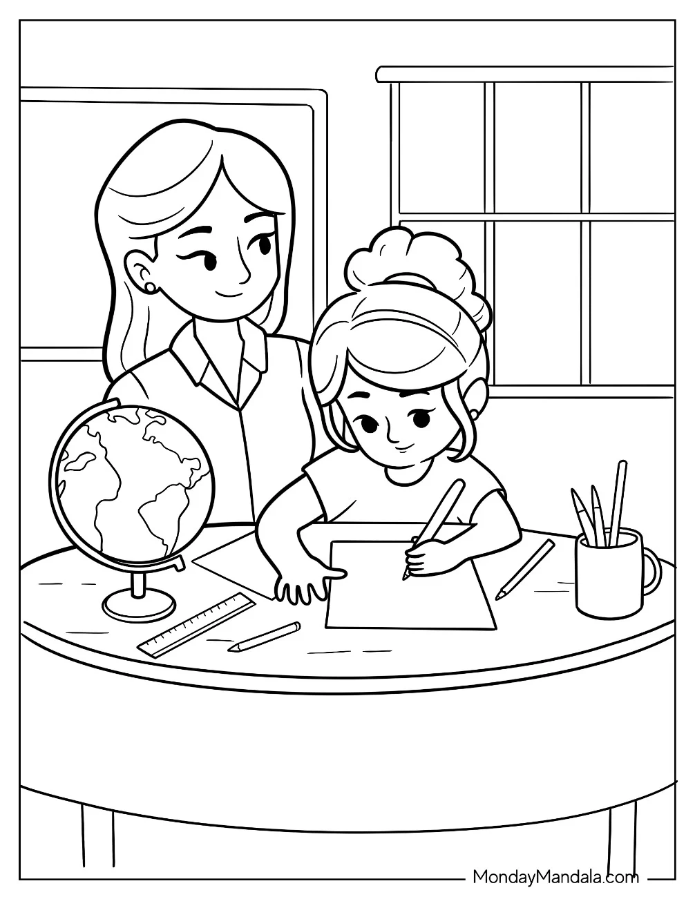 Kind Teacher Coloring Pages Of Watching Over A Student Doing Her Homework coloring page — printable line art