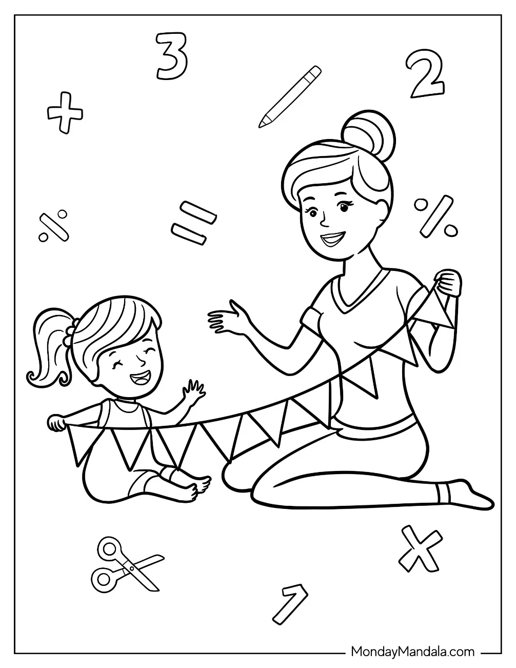 Kindergarten Teacher Making A Banner With A Student Coloring Page v2 coloring page — printable line art