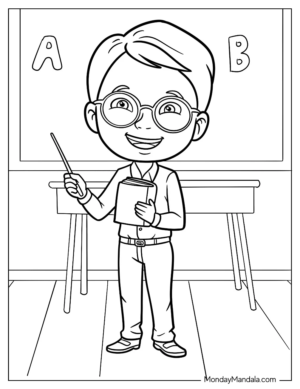 Male Chibi Teacher Coloring Pages Of Holding A Pointer And A Book coloring page — printable line art