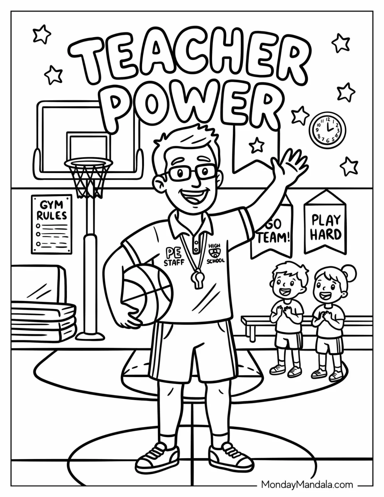 Male Gym Teacher Coloring Page on the Basketball Court for Kids coloring page — printable line art