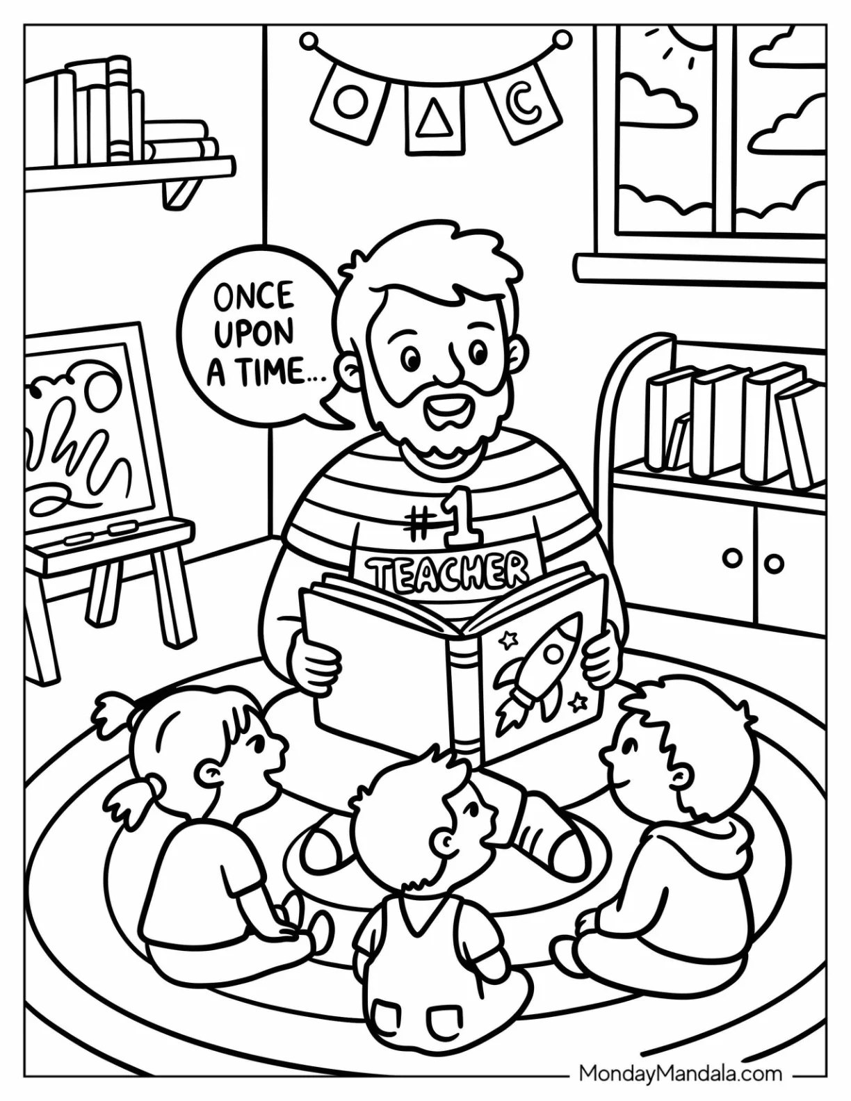 Male Teacher Coloring Page Reading a Fairytale Book to Kids coloring page