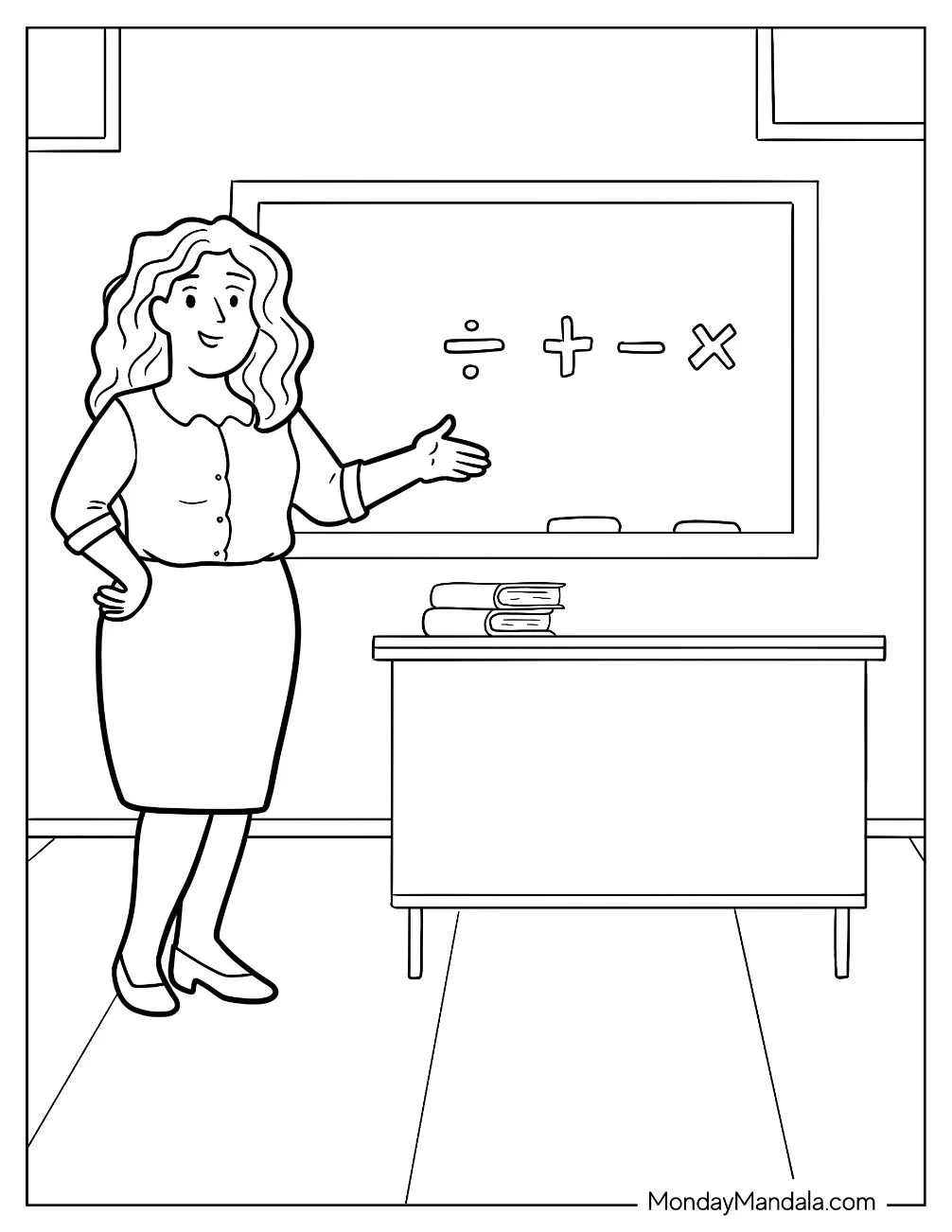 Math Teacher Coloring Pages Standing Next To A Chalkboard coloring page