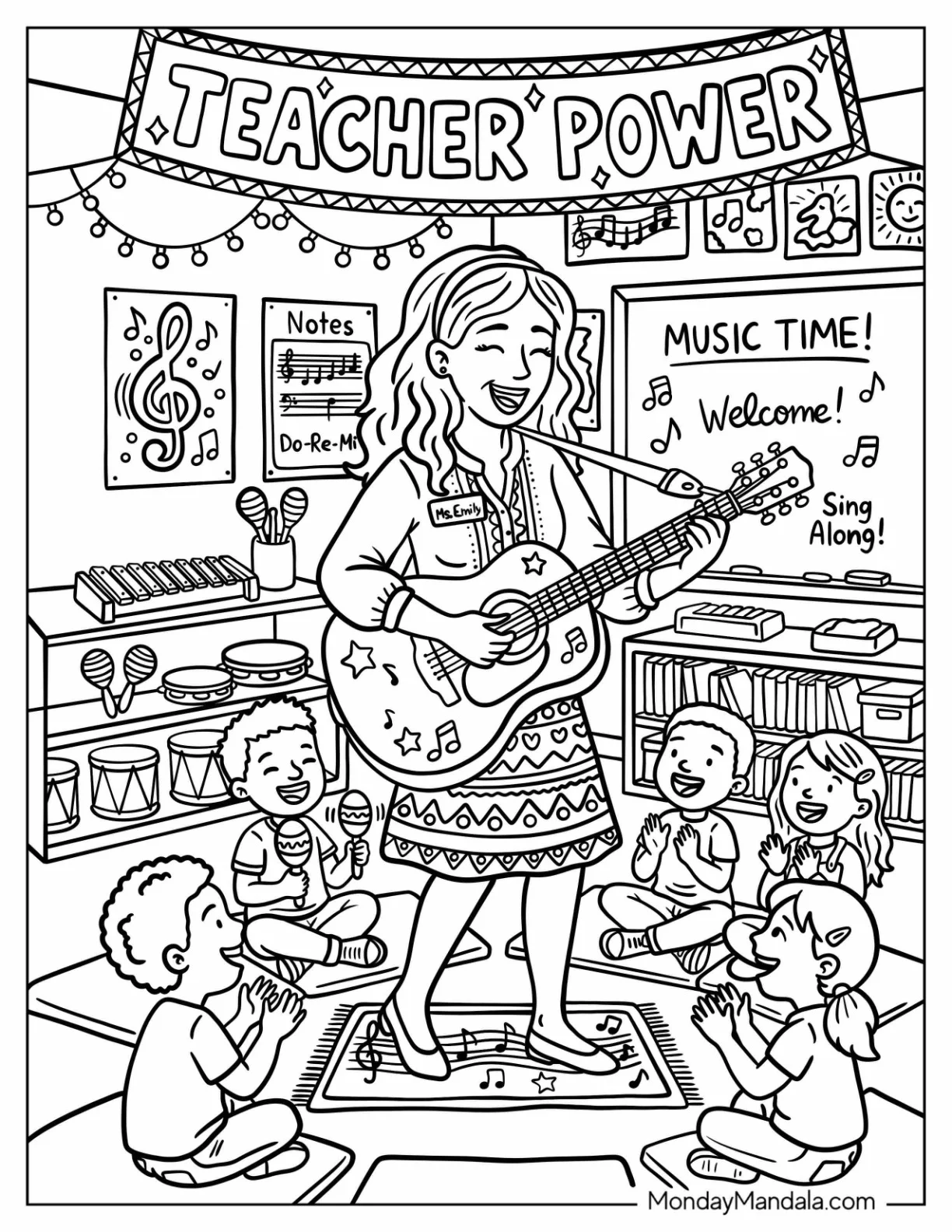 Music Teacher Coloring Page Singing to Her Students While Playing the Guitar coloring page — printable line art