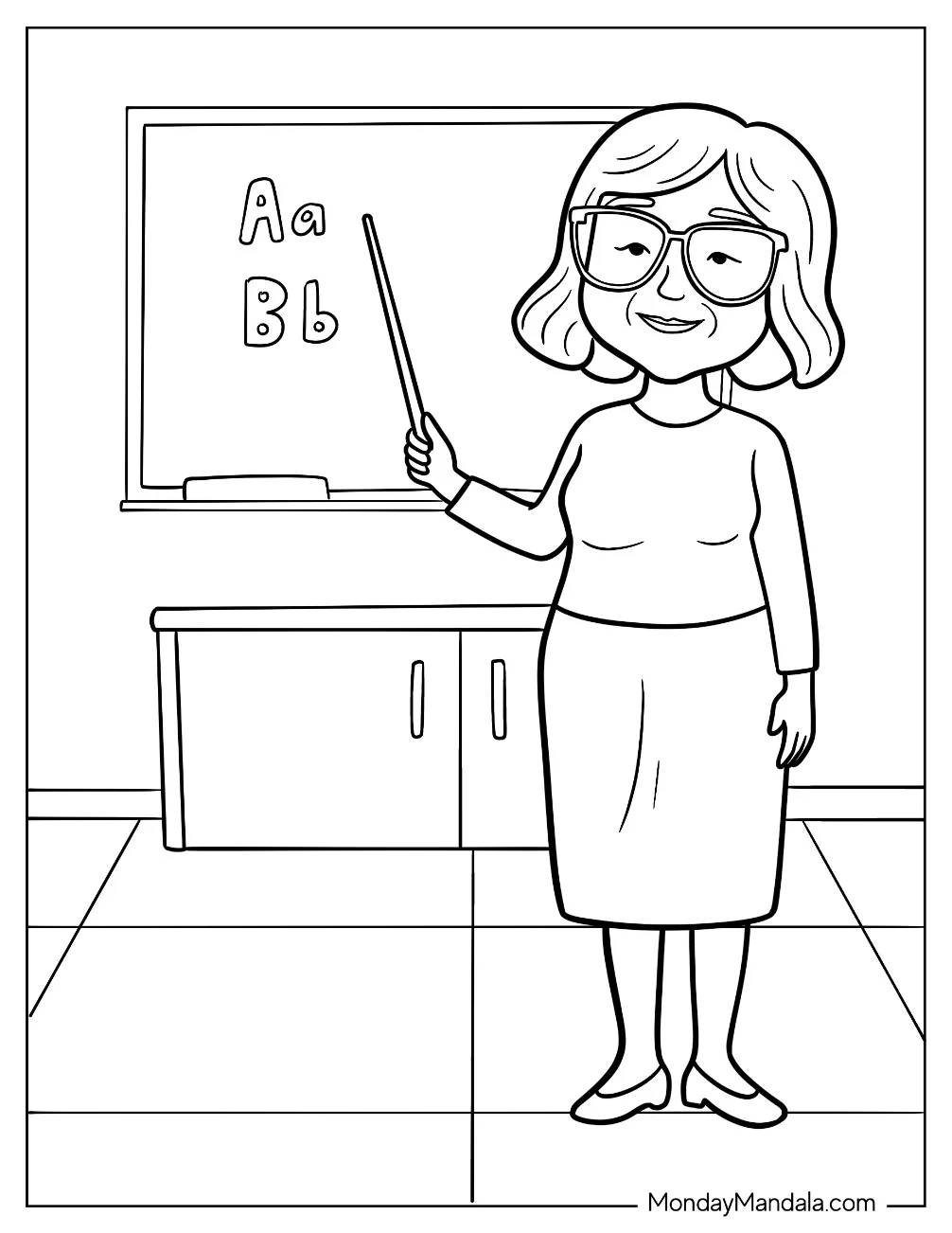 Old Teacher Coloring Pages Pointing To The Alphabet On The Chalkboard coloring page — printable line art