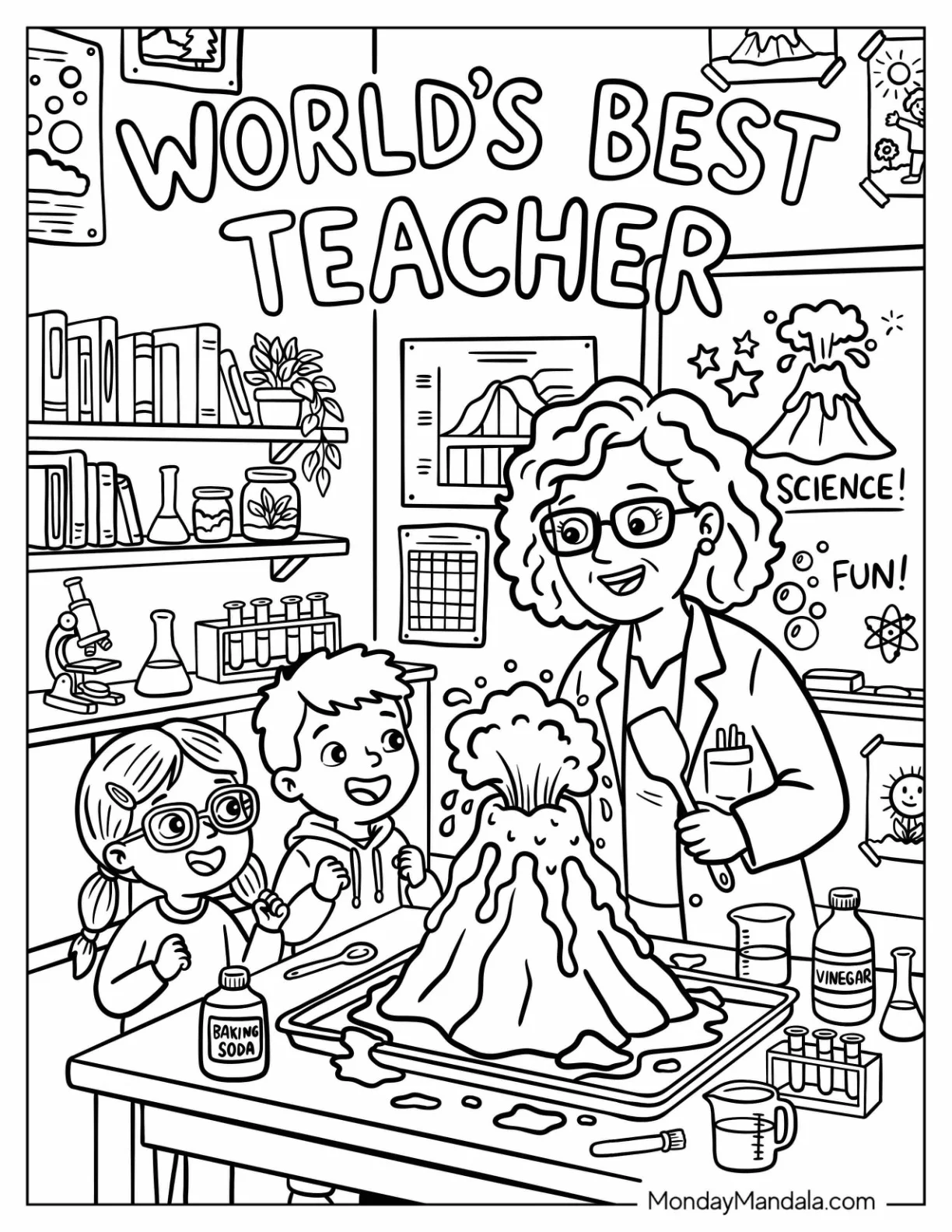 Science Teacher Coloring Page Presenting an Erupting Volcano to Her Students coloring page — printable line art