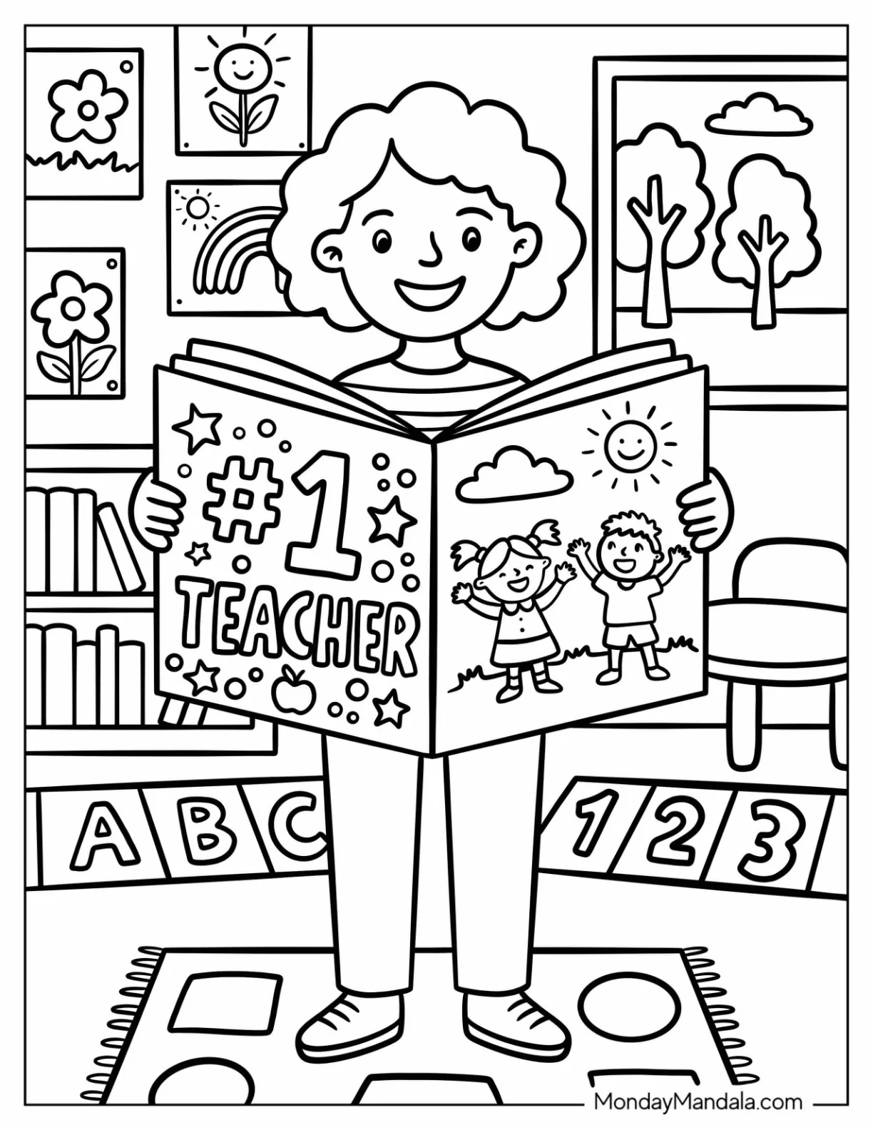 Smiling Teacher Coloring Page Holding a Massive Storybook coloring page — printable line art