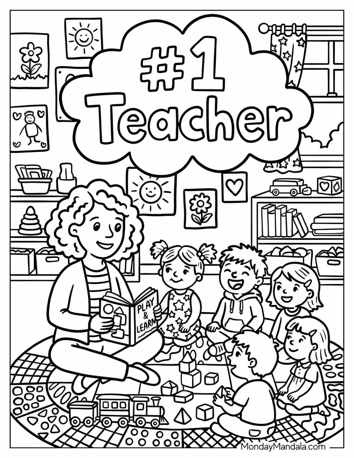 Teacher Coloring Page Reading a Book to Young Students for Kids coloring page