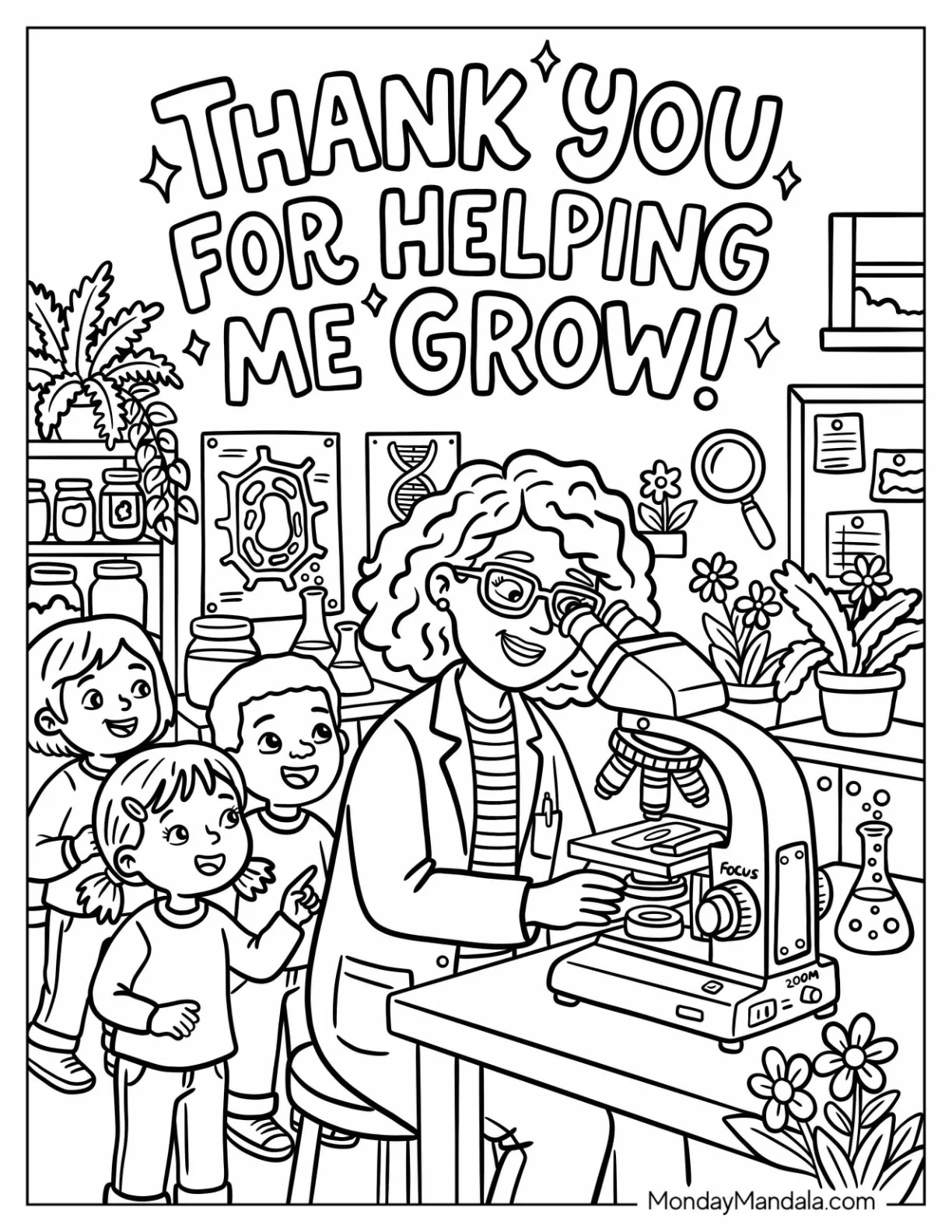 Teacher Coloring Page Using a Microscope in Front of Students coloring page — printable line art