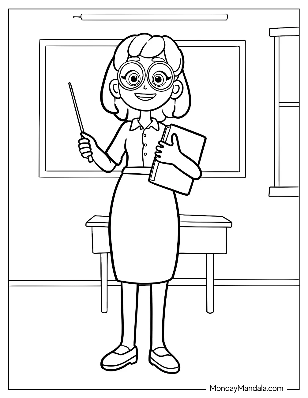Teacher Coloring Pages In A Skirt And Glasses In A Classroom coloring page