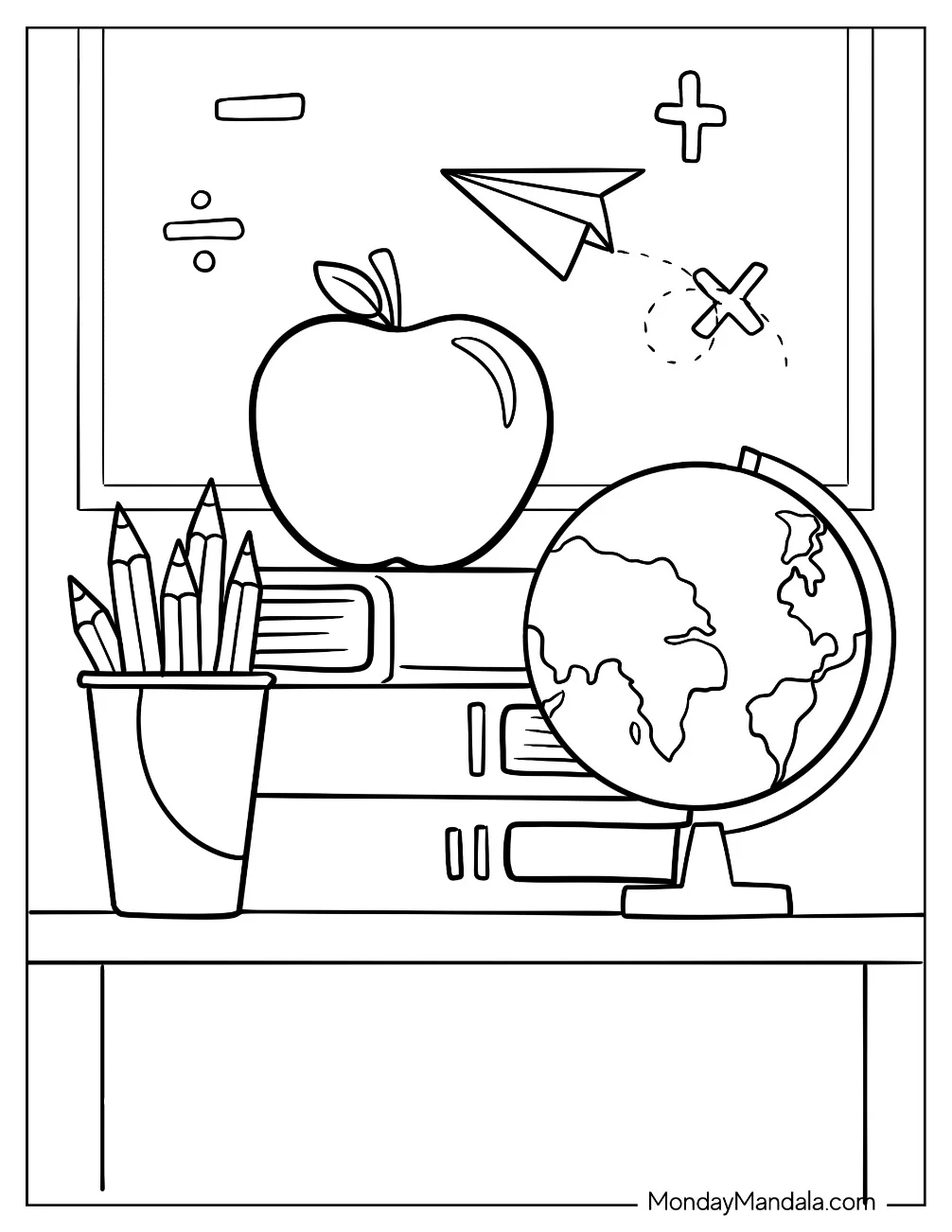 Teacher Coloring Pages Of Desk With Globe, Apple, And Pencils coloring page