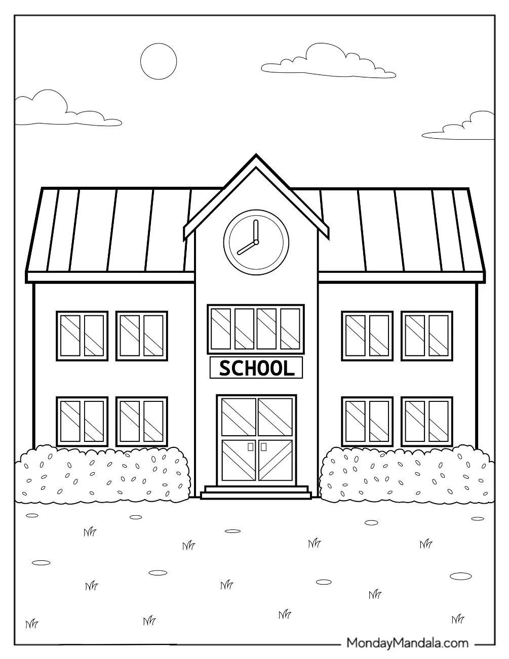 Teacher Coloring Pages Of Easy School Building For Kids coloring page — printable line art