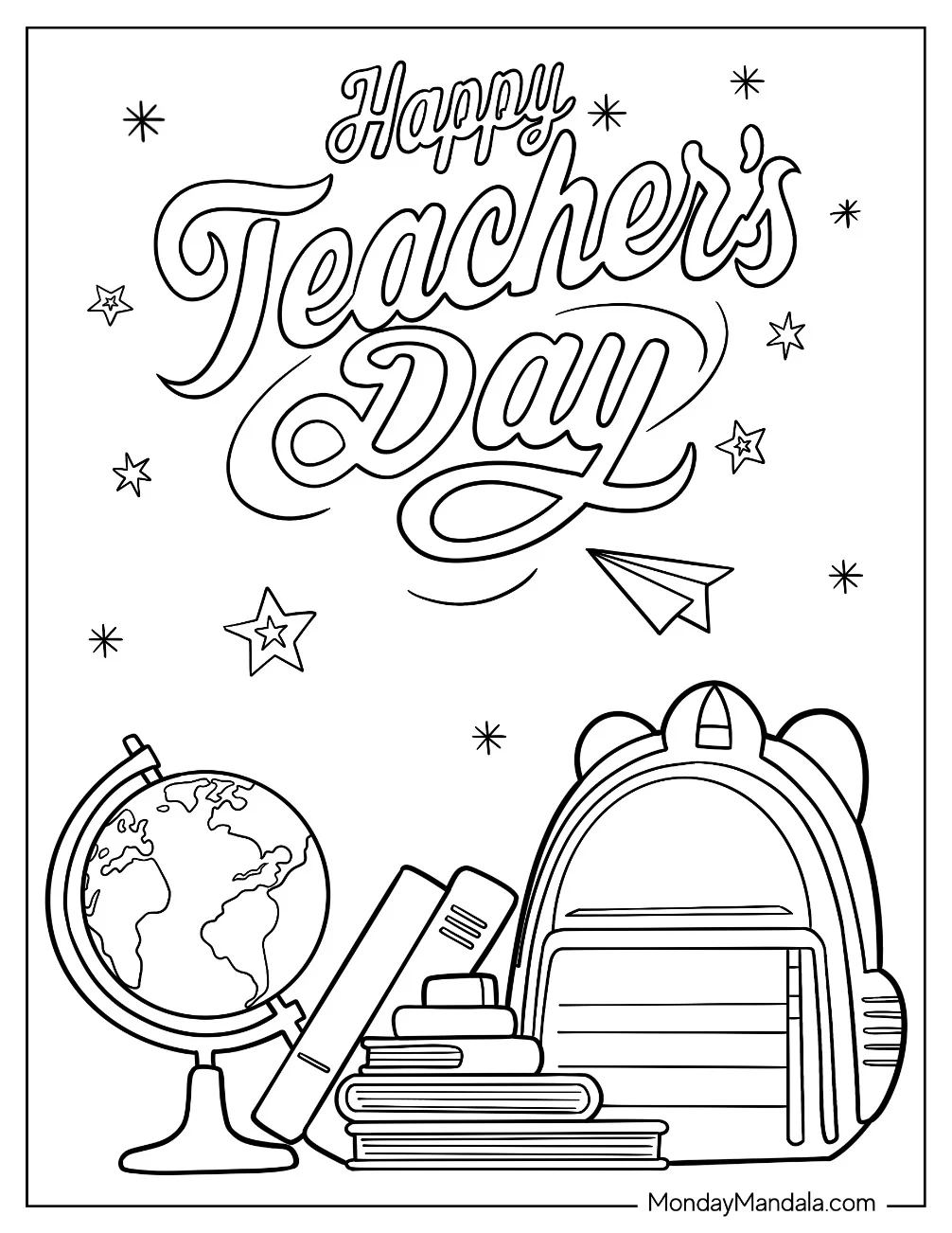 Teacher Coloring Pages Of Happy Teacher's Day Words With School Materials coloring page — printable line art