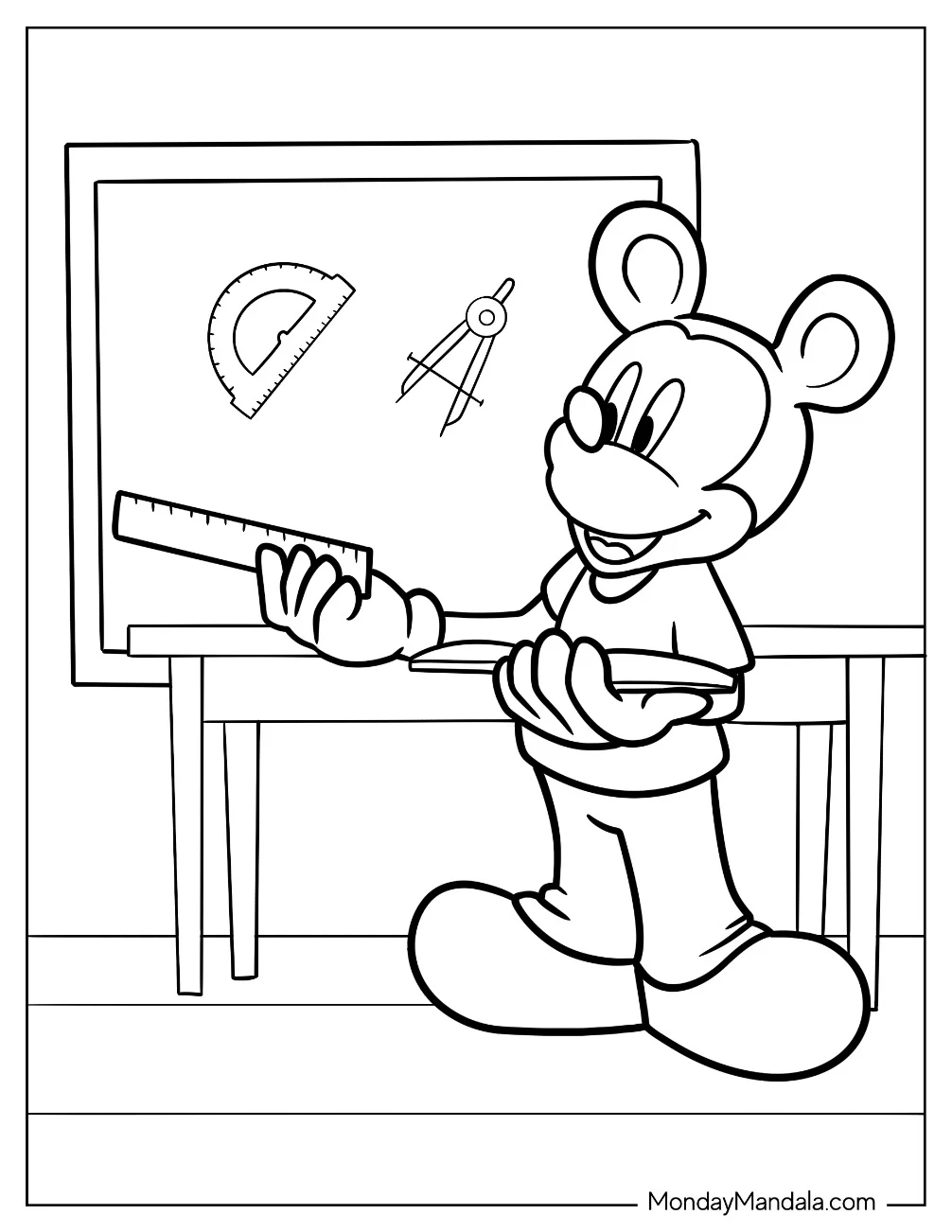 Teacher Coloring Pages Of Mickey Mouse Holding Measuring Tools coloring page — printable line art