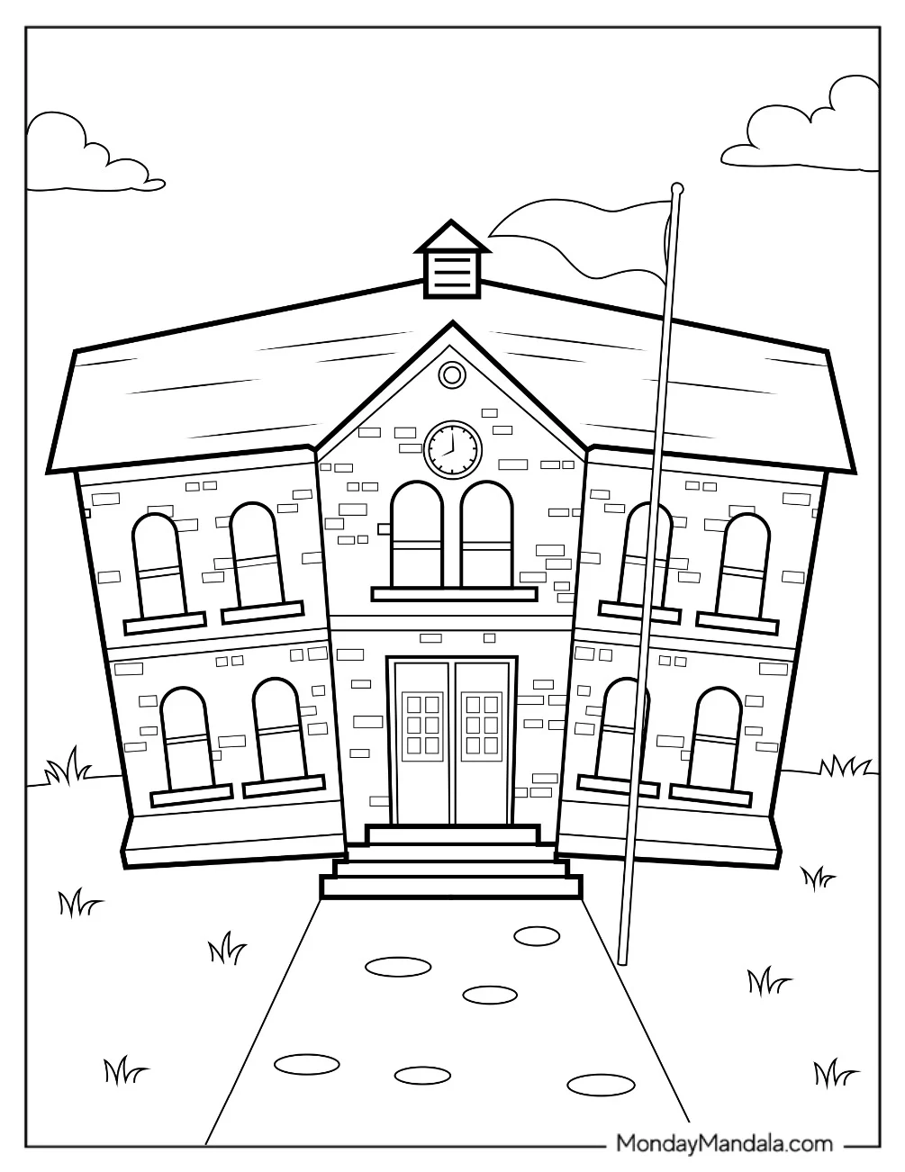 Teacher Coloring Pages Of Old Brick School coloring page — printable line art