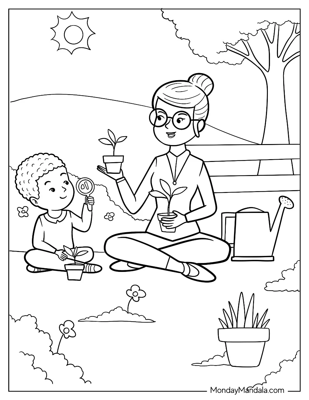 Teacher Coloring Pages Of Showing A Plant To A Student coloring page — printable line art