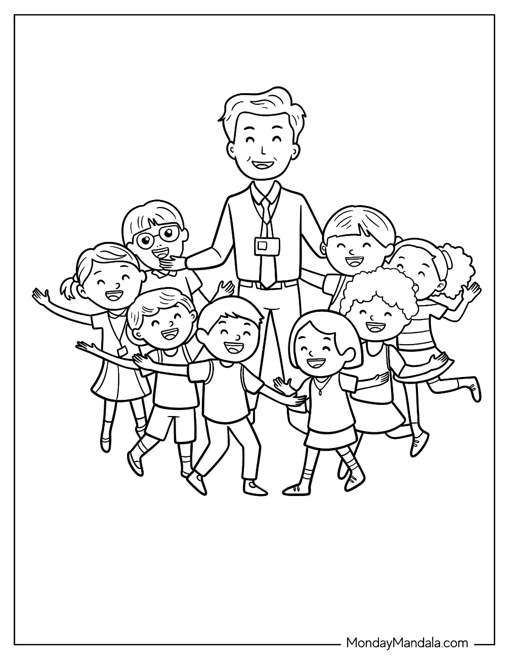 Teacher Coloring Pages Surrounded By Happy Students coloring page