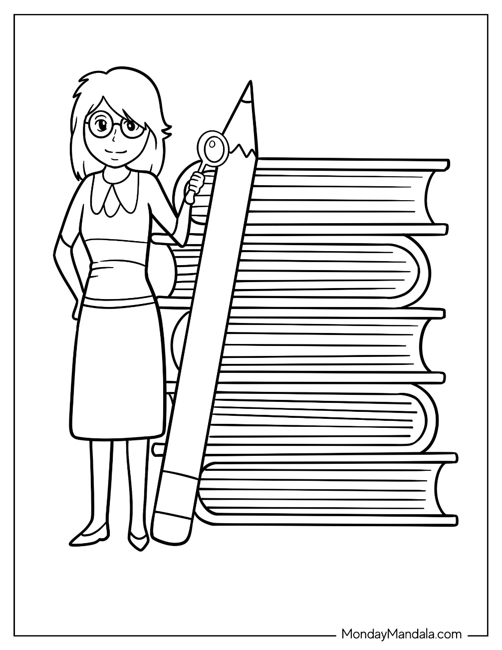 Teacher Coloring Pages With A Magnifying Glass Beside A Stack Of Massive Books coloring page