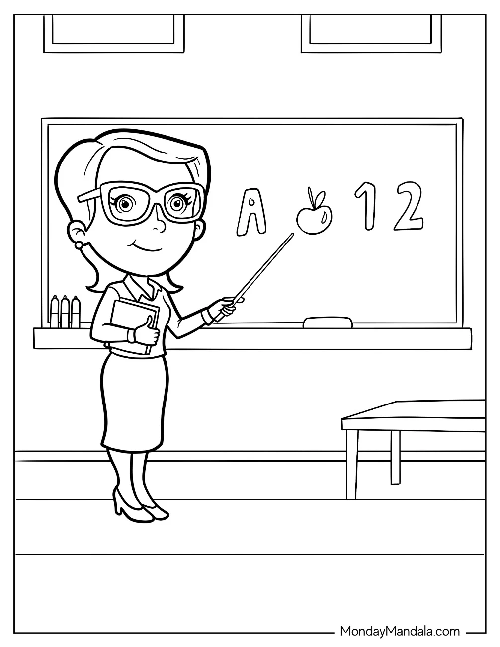 Teacher Coloring Pages With Glasses Pointing To Letters And Numbers coloring page
