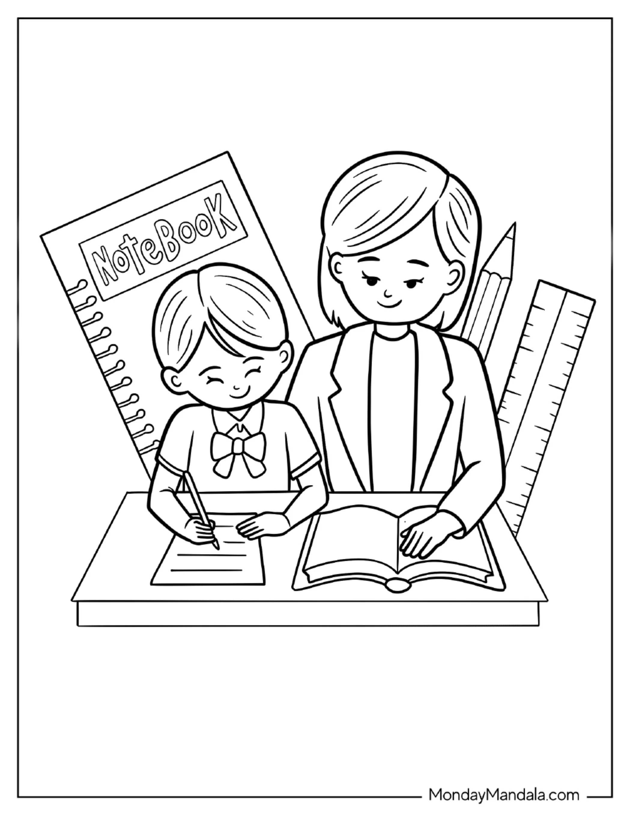 Teacher Helping A Student With Her Assignment v2 coloring page — printable line art