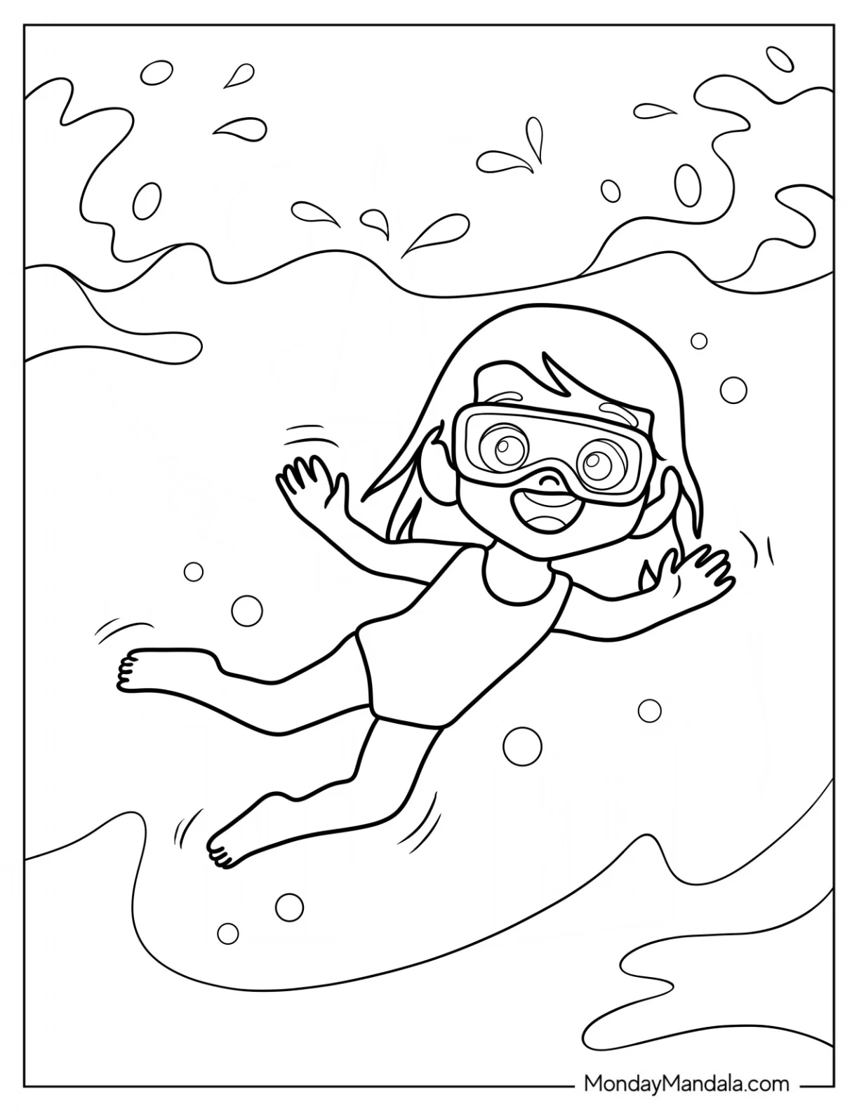 Girl Wearing Goggles Swimming Coloring Page Under Water coloring page — printable line art