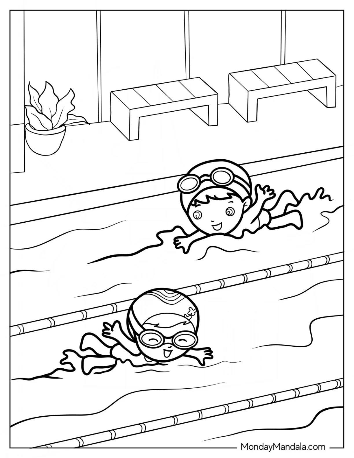 Kawaii Chibi Kids Swimming Coloring Page In The Pool For Kids coloring page — printable line art