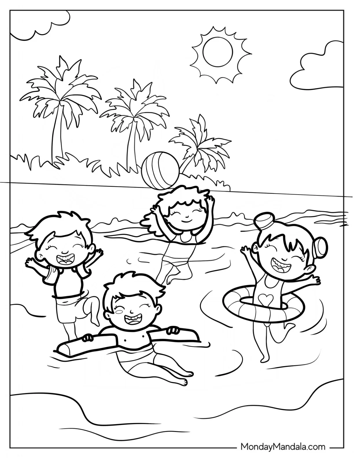 Kids Swimming At The Beach Coloring Page coloring page