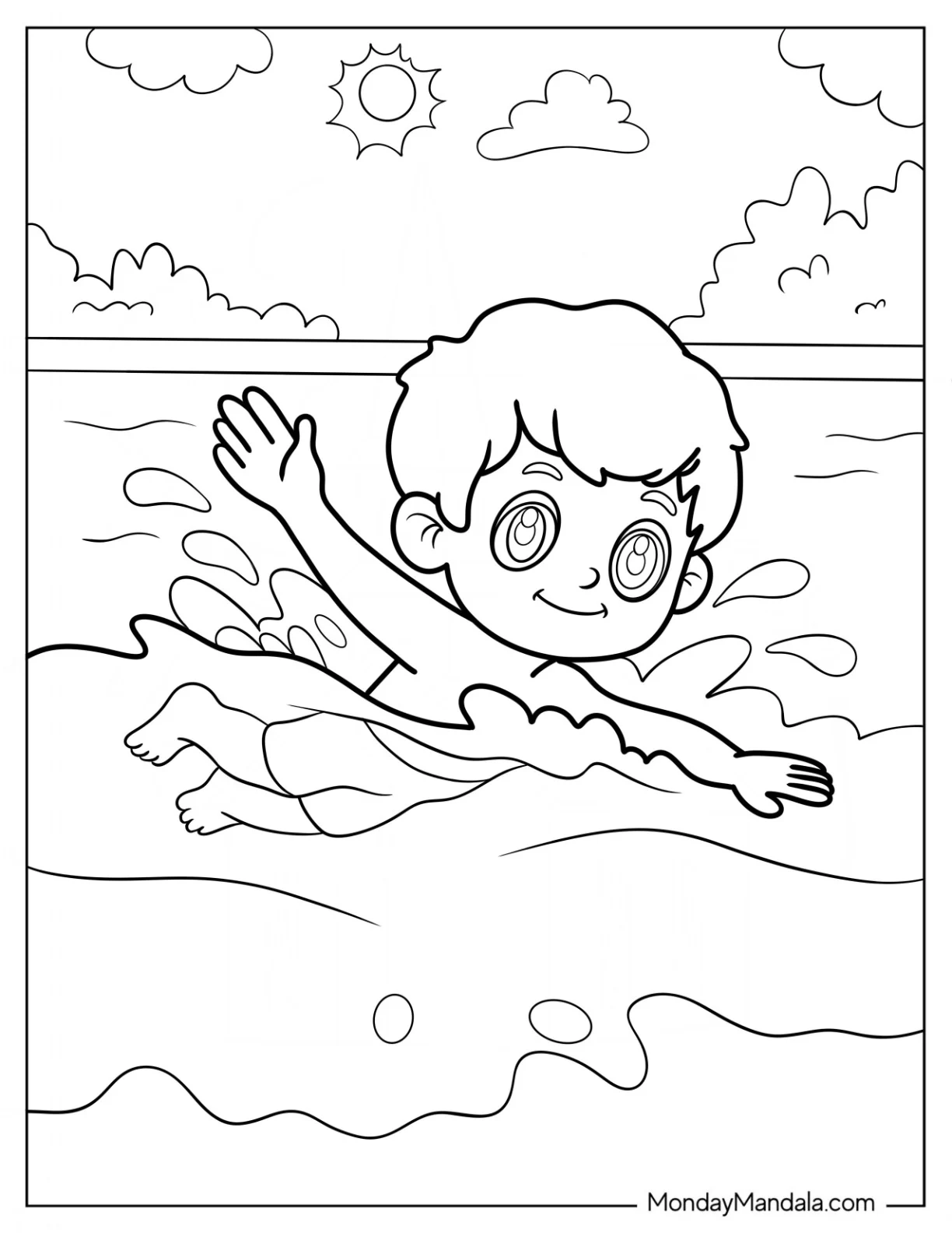 Little Boy Swimming Coloring Page In A Pool For Kids coloring page