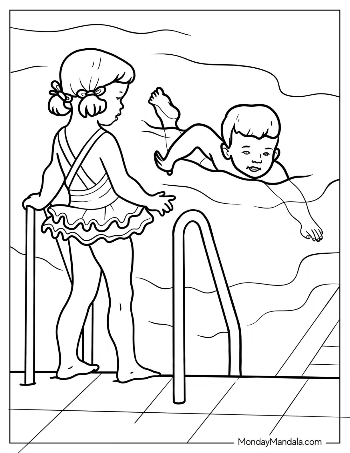 Realistic Little Boy And Girl Swimming Coloring Page coloring page